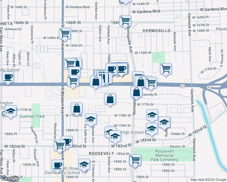 map of restaurants, bars, coffee shops, grocery stores, and more near 1514 West Artesia Square in Gardena