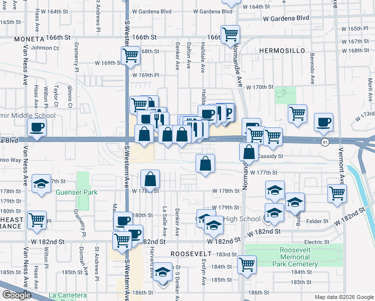 map of restaurants, bars, coffee shops, grocery stores, and more near 1548 West Artesia Square in Gardena