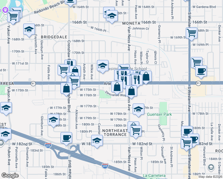 map of restaurants, bars, coffee shops, grocery stores, and more near 2405 Descanso Way in Torrance