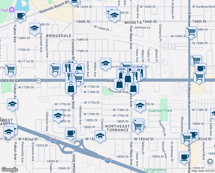map of restaurants, bars, coffee shops, grocery stores, and more near 2500 Descanso Way in Torrance
