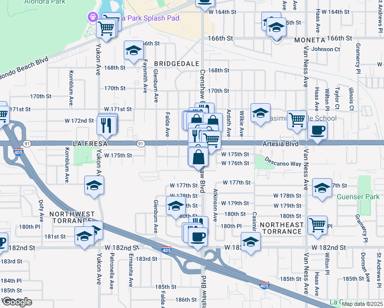 map of restaurants, bars, coffee shops, grocery stores, and more near 17512 Delia Avenue in Torrance