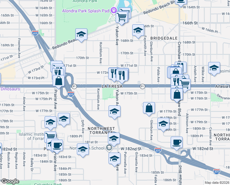 map of restaurants, bars, coffee shops, grocery stores, and more near 17512 Yukon Avenue in Torrance