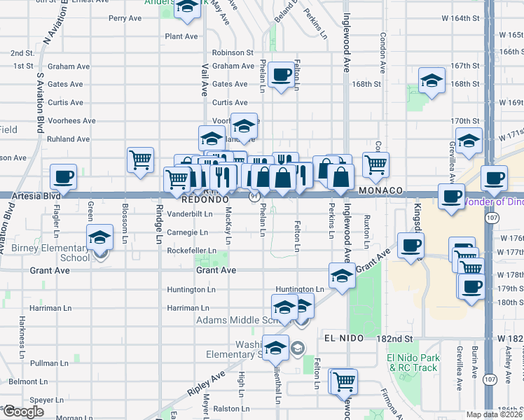 map of restaurants, bars, coffee shops, grocery stores, and more near 1809 Phelan Lane in Redondo Beach