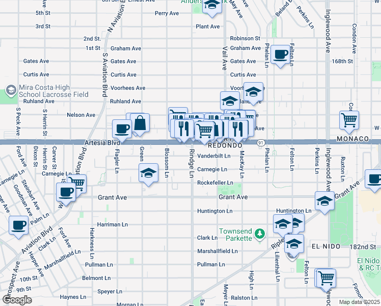 map of restaurants, bars, coffee shops, grocery stores, and more near 2200 Vanderbilt Lane in Redondo Beach
