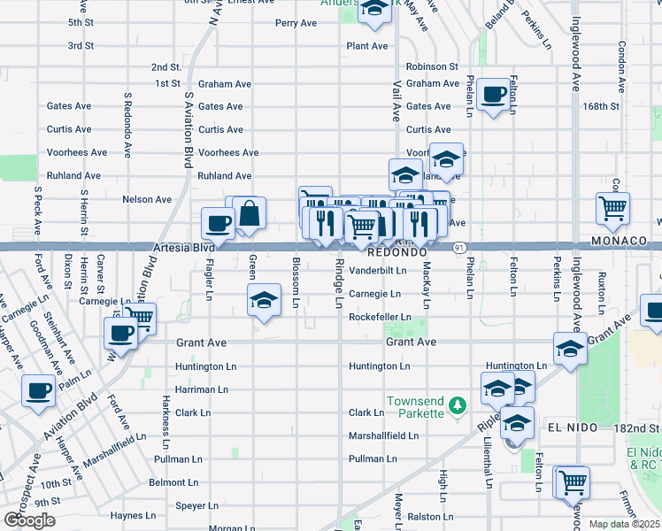 map of restaurants, bars, coffee shops, grocery stores, and more near 2200 Vanderbilt Lane in Redondo Beach