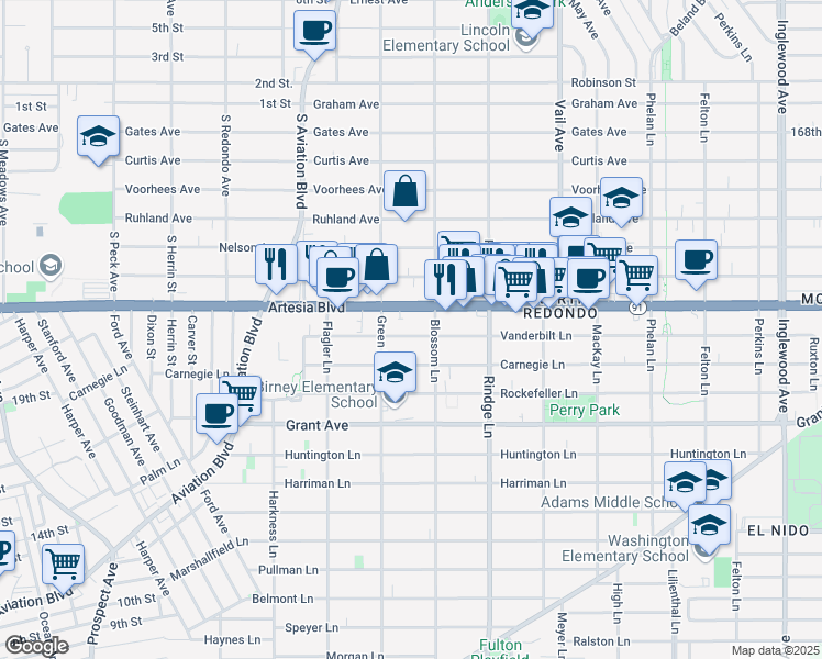 map of restaurants, bars, coffee shops, grocery stores, and more near 2016 Vanderbilt Lane in Redondo Beach