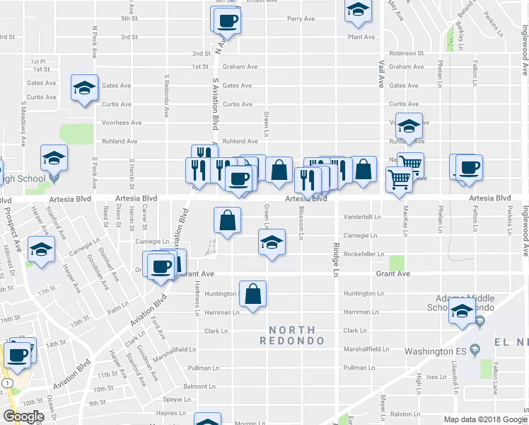 map of restaurants, bars, coffee shops, grocery stores, and more near 1807 Green Lane in Redondo Beach