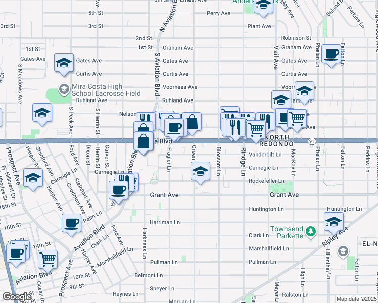 map of restaurants, bars, coffee shops, grocery stores, and more near 1807 Green Lane in Redondo Beach