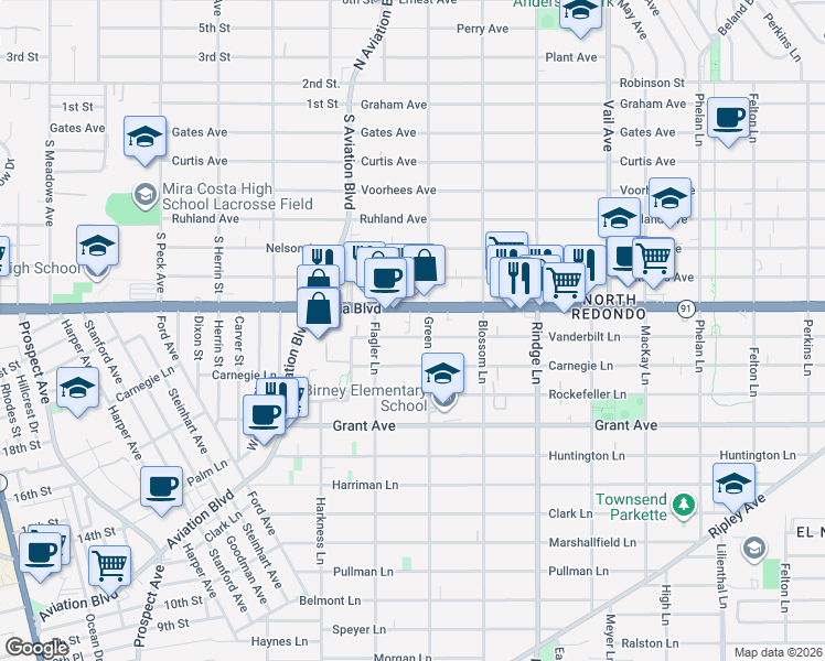 map of restaurants, bars, coffee shops, grocery stores, and more near 1807 Green Lane in Redondo Beach