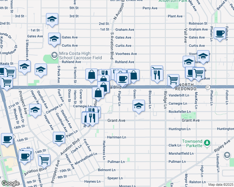 map of restaurants, bars, coffee shops, grocery stores, and more near 1801 Aviation Way in Redondo Beach