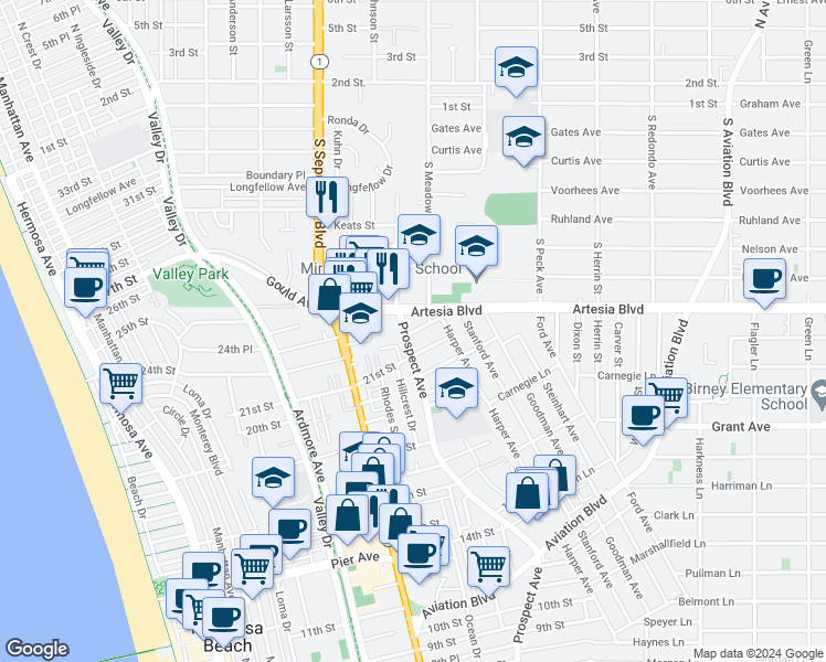 map of restaurants, bars, coffee shops, grocery stores, and more near 1101 21st Street in Hermosa Beach