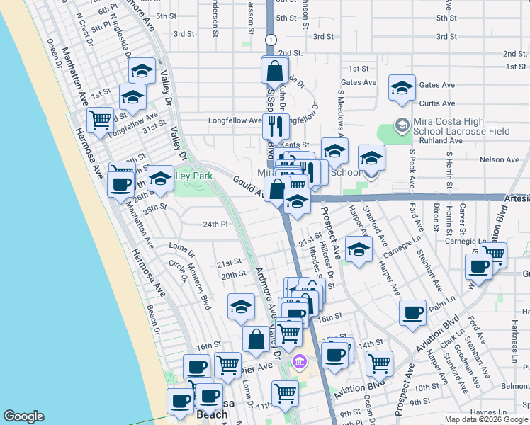 map of restaurants, bars, coffee shops, grocery stores, and more near 656 24th Place in Hermosa Beach