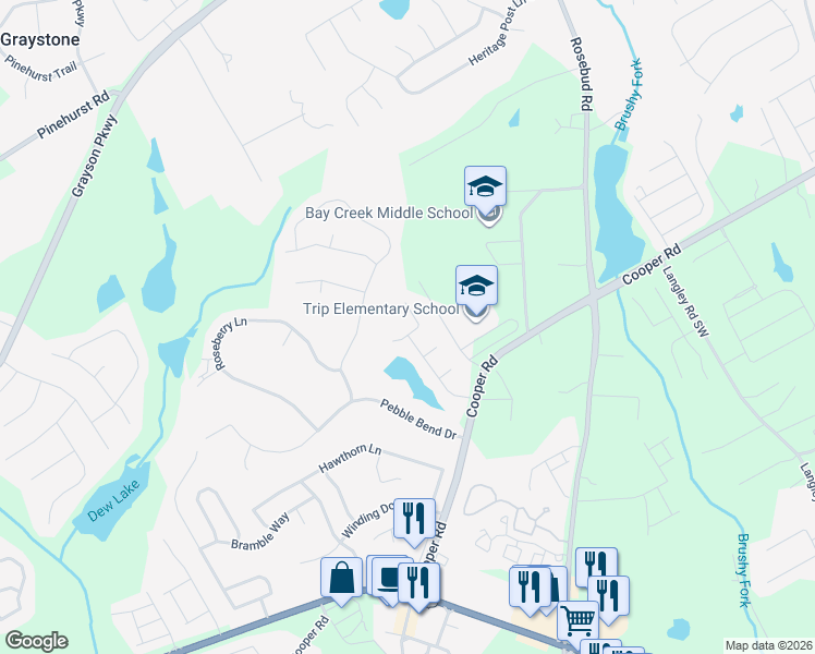 map of restaurants, bars, coffee shops, grocery stores, and more near 2326 Swan Lake Drive Southwest in Grayson