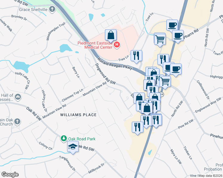 map of restaurants, bars, coffee shops, grocery stores, and more near 1845 Stockton Walk Lane in Snellville