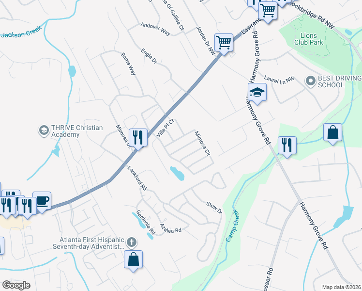 map of restaurants, bars, coffee shops, grocery stores, and more near 5910 La Chateau Place in Tucker
