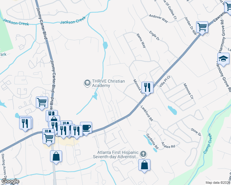 map of restaurants, bars, coffee shops, grocery stores, and more near 6077 Hannah Way in Tucker