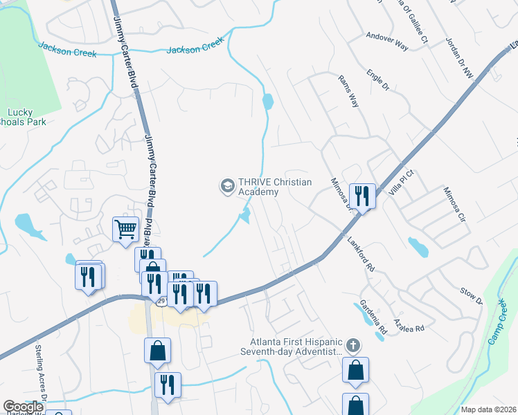 map of restaurants, bars, coffee shops, grocery stores, and more near 314 Braxton Place in Tucker