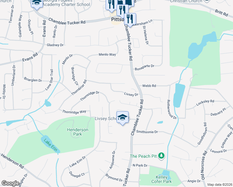 map of restaurants, bars, coffee shops, grocery stores, and more near 2870 Livsey Trail in Tucker