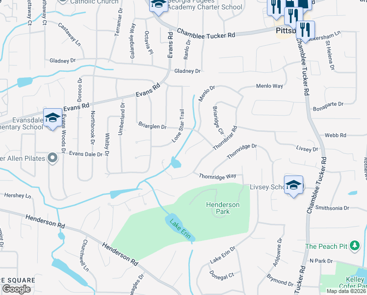 map of restaurants, bars, coffee shops, grocery stores, and more near 3904 Briarglen Court in Doraville