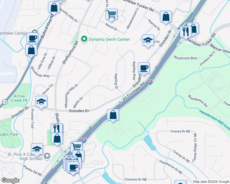 map of restaurants, bars, coffee shops, grocery stores, and more near 2710 Dresden Drive in Chamblee