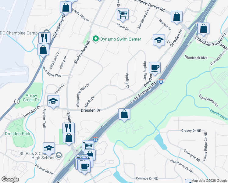 map of restaurants, bars, coffee shops, grocery stores, and more near 2866 Dresden Square Drive in Atlanta