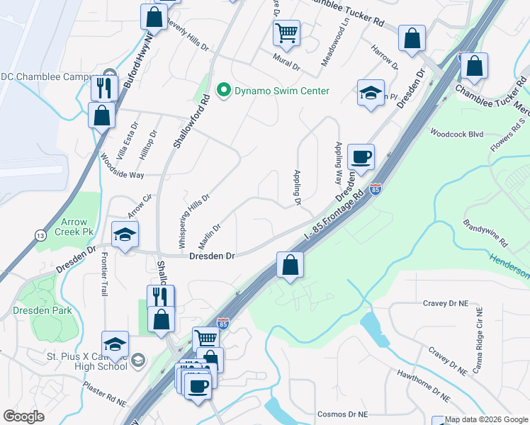map of restaurants, bars, coffee shops, grocery stores, and more near 2866 Dresden Square Drive in Atlanta