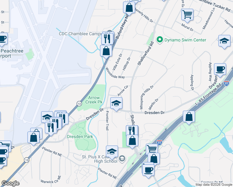 map of restaurants, bars, coffee shops, grocery stores, and more near 2355 Arrow Circle in Atlanta