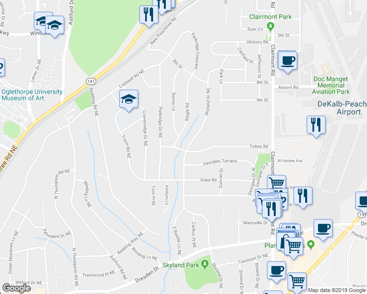 map of restaurants, bars, coffee shops, grocery stores, and more near 1739 Tobey Road in Chamblee