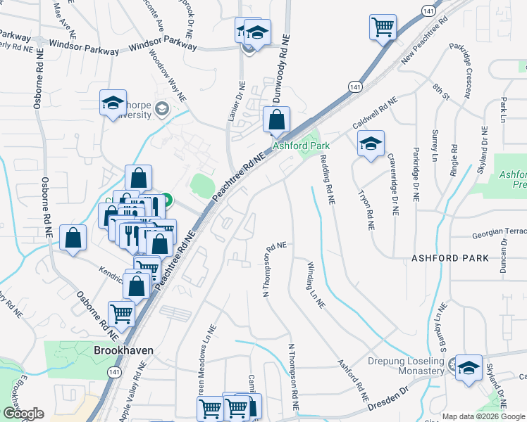 map of restaurants, bars, coffee shops, grocery stores, and more near 2848 North Thompson Road Northeast in Atlanta