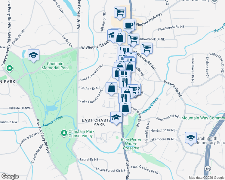 map of restaurants, bars, coffee shops, grocery stores, and more near 4266 Roswell Road Northeast in Atlanta