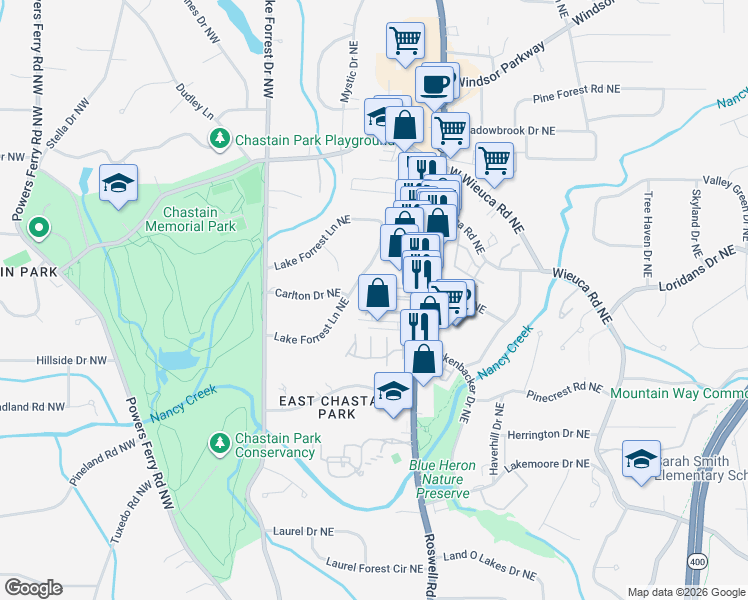 map of restaurants, bars, coffee shops, grocery stores, and more near 4266 Roswell Road Northeast in Atlanta