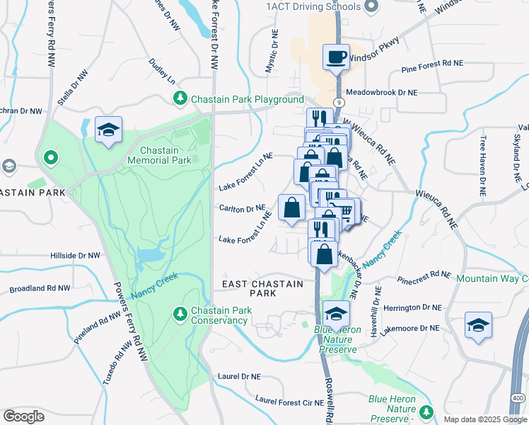 map of restaurants, bars, coffee shops, grocery stores, and more near 290 Lake Forrest Lane Northeast in Atlanta