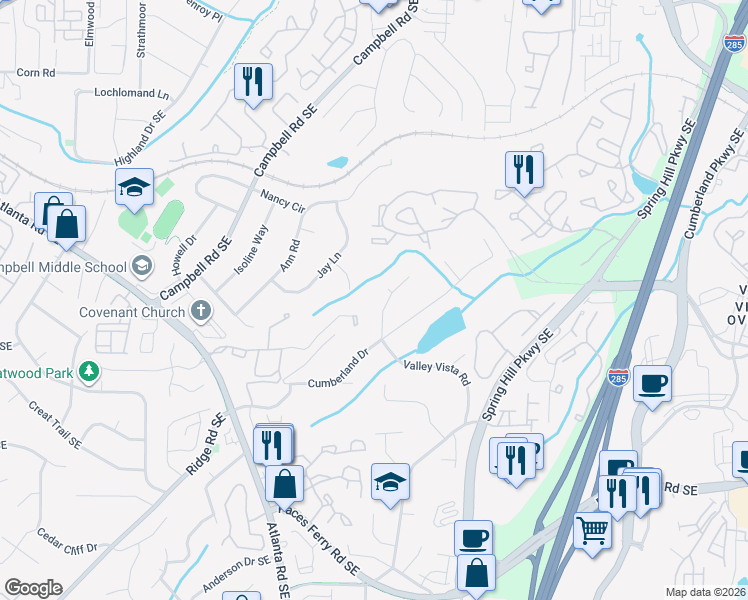 map of restaurants, bars, coffee shops, grocery stores, and more near 3363 Valley Vista Road Southeast in Smyrna