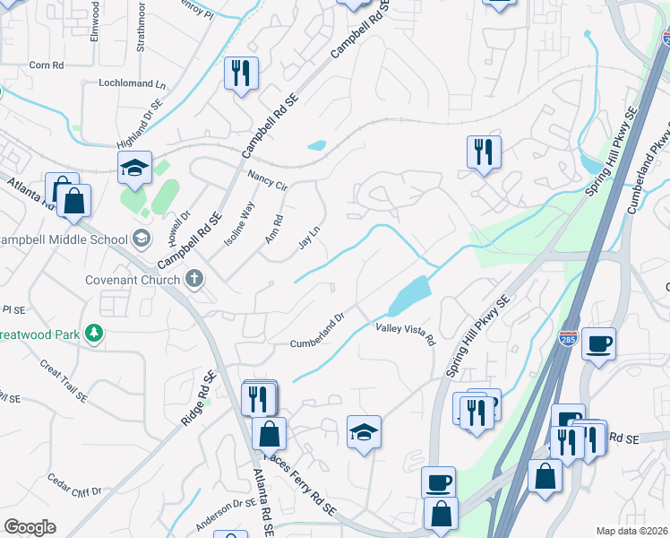 map of restaurants, bars, coffee shops, grocery stores, and more near 2196 Jane Lyle Road Southeast in Smyrna