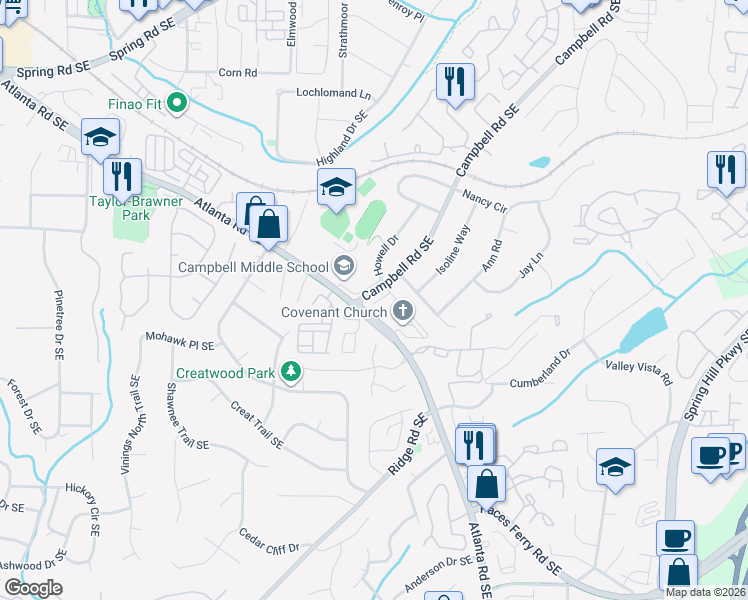 map of restaurants, bars, coffee shops, grocery stores, and more near 113 Rondak Circle in Smyrna