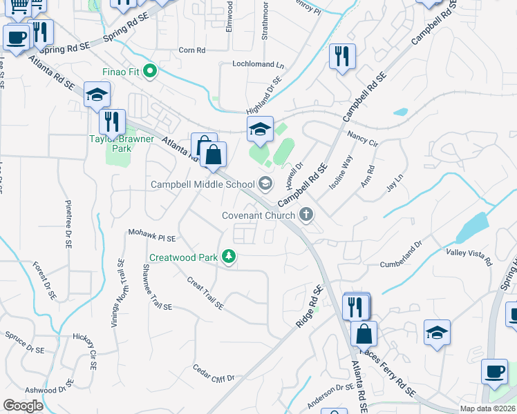 map of restaurants, bars, coffee shops, grocery stores, and more near 3313 Vintage Circle Southeast in Smyrna