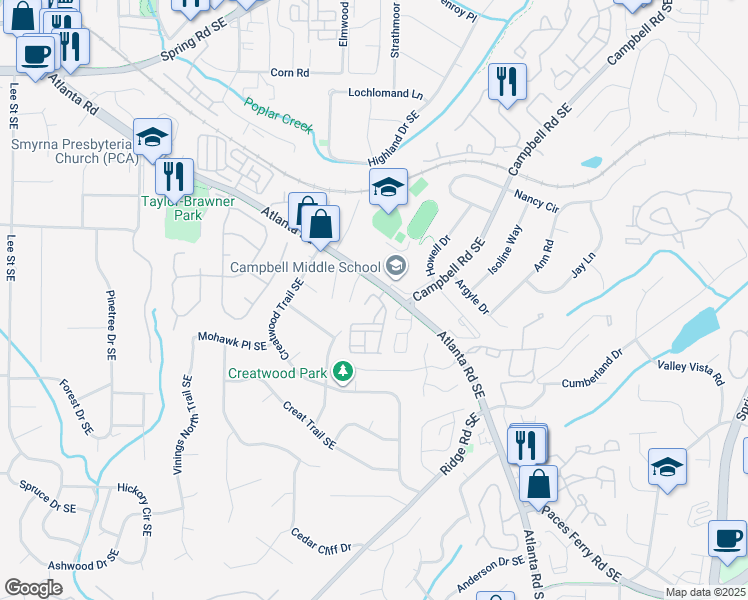 map of restaurants, bars, coffee shops, grocery stores, and more near 3463 Vintage Circle Southeast in Smyrna