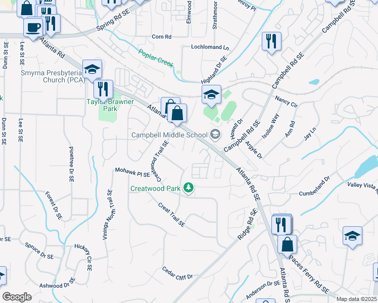 map of restaurants, bars, coffee shops, grocery stores, and more near 3463 Vintage Circle Southeast in Smyrna