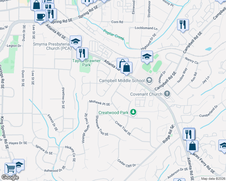 map of restaurants, bars, coffee shops, grocery stores, and more near 1760 Mackinaw Place Southeast in Smyrna