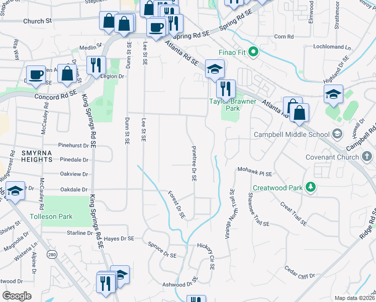 map of restaurants, bars, coffee shops, grocery stores, and more near 3345 Pinetree Drive Southeast in Smyrna