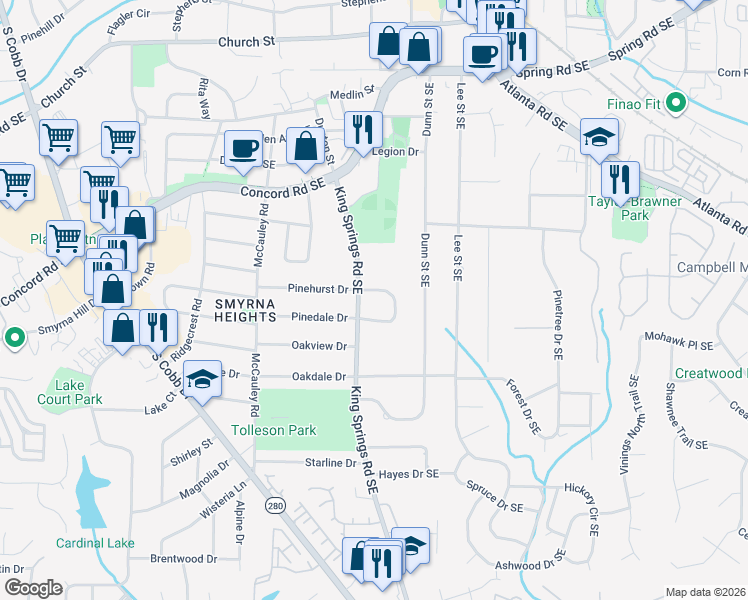 map of restaurants, bars, coffee shops, grocery stores, and more near 1244 Pinehurst Circle in Smyrna