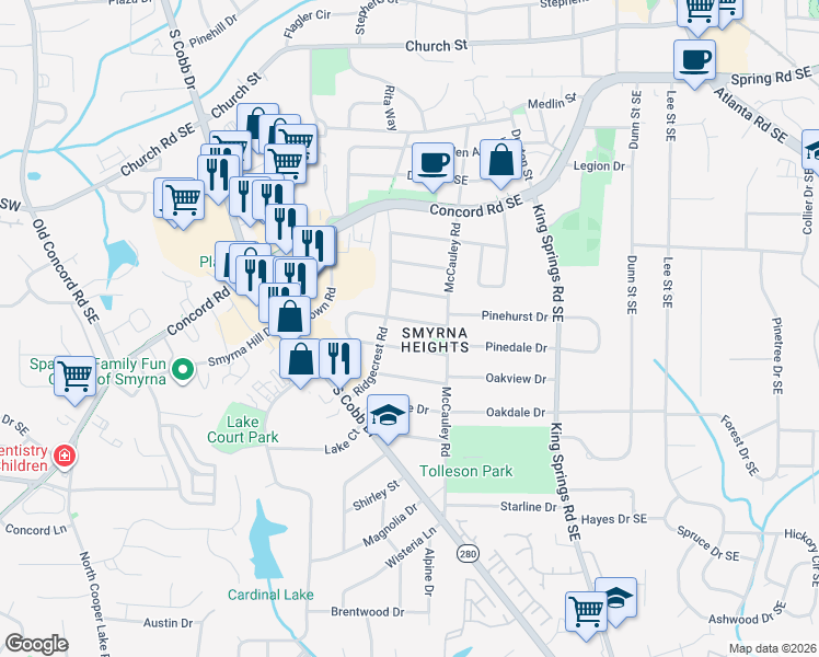 map of restaurants, bars, coffee shops, grocery stores, and more near 988 Pinedale Drive in Smyrna