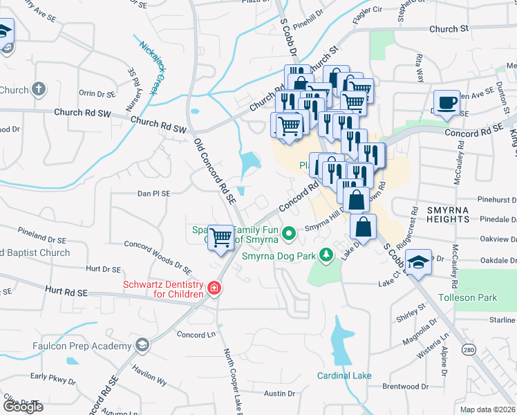 map of restaurants, bars, coffee shops, grocery stores, and more near 613 Concord Road Southeast in Smyrna
