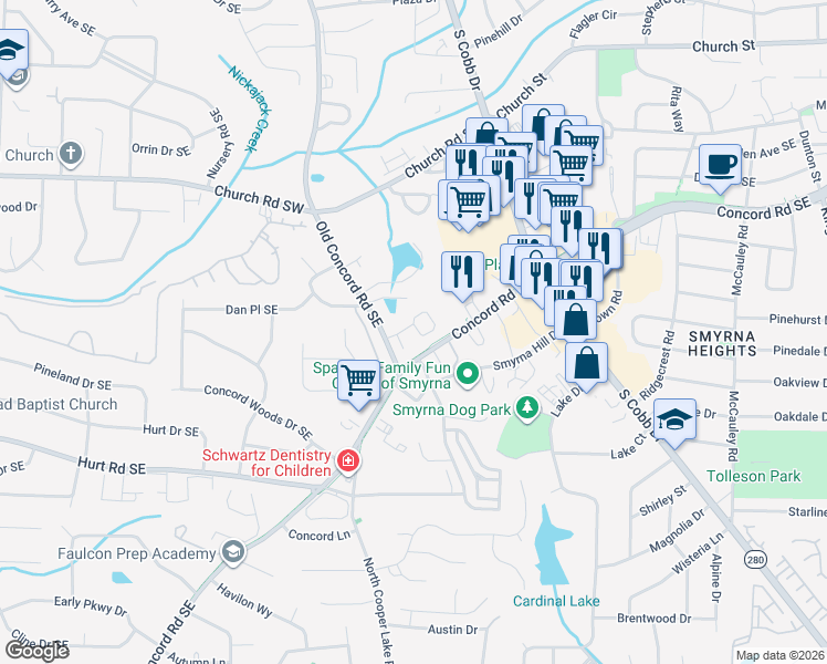 map of restaurants, bars, coffee shops, grocery stores, and more near 610 Concord Lake Lane in Smyrna