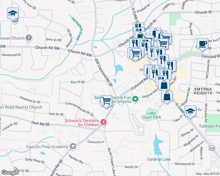 map of restaurants, bars, coffee shops, grocery stores, and more near 3366 Old Concord Road Southeast in Smyrna