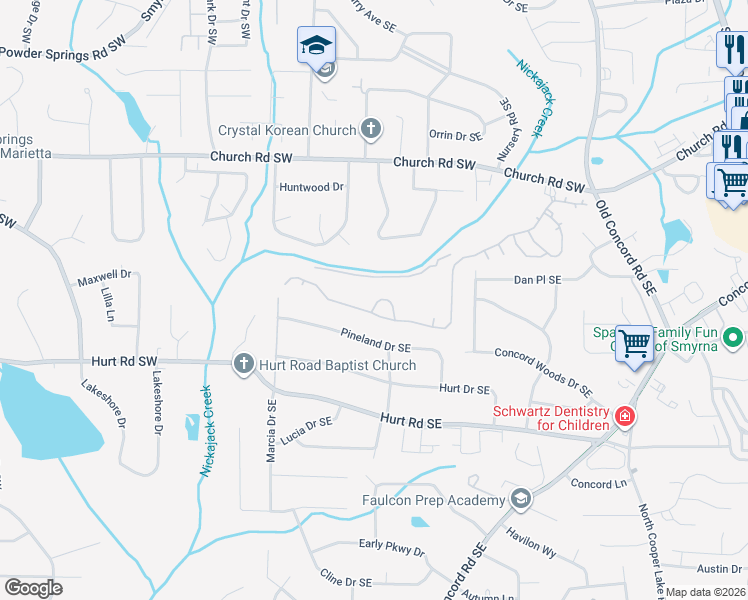 map of restaurants, bars, coffee shops, grocery stores, and more near 142 Ennisbrook Drive Southeast in Smyrna