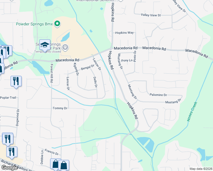 map of restaurants, bars, coffee shops, grocery stores, and more near 3199 Lancer Drive in Powder Springs