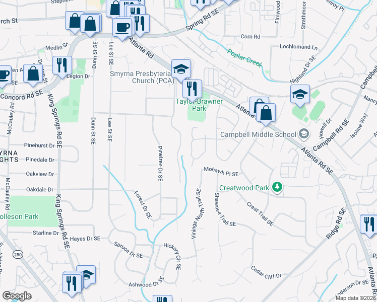 map of restaurants, bars, coffee shops, grocery stores, and more near 3374 Fieldwood Drive in Smyrna