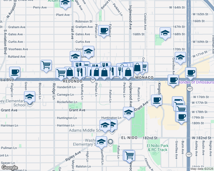 map of restaurants, bars, coffee shops, grocery stores, and more near 2516 Vanderbilt Lane in Redondo Beach