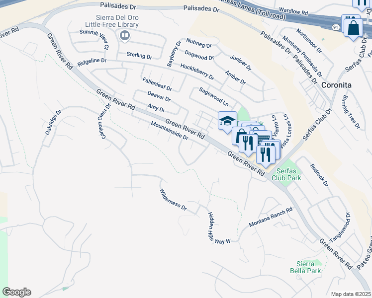 map of restaurants, bars, coffee shops, grocery stores, and more near 1240 Highcliff Circle in Corona
